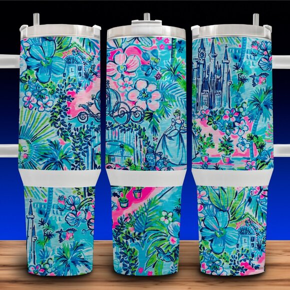 40oz Lilly P Cinderella with Castle Floral Cup Mug Tumbler Stainless Steel - Picture 1 of 3
